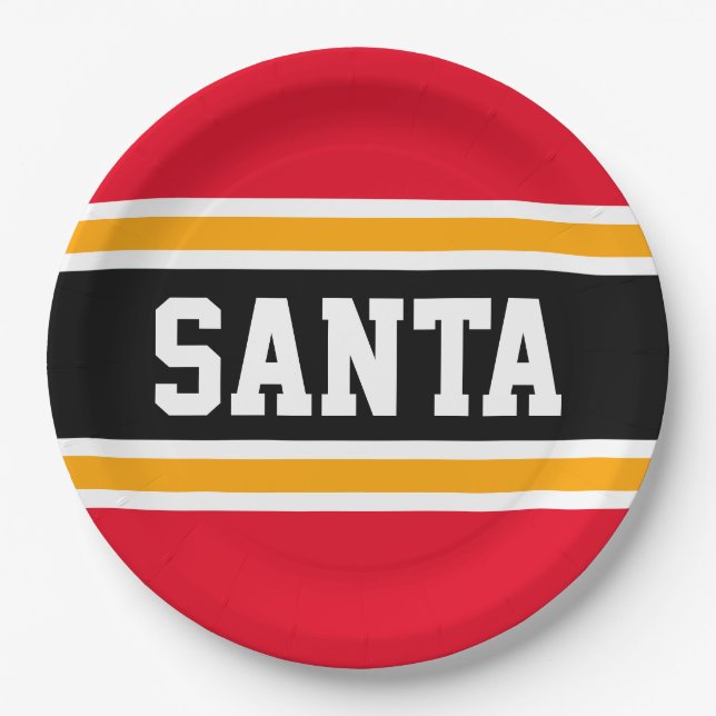 SANTA Fun Bright Red Black Orange Festive Stripes Paper Plates (Front)