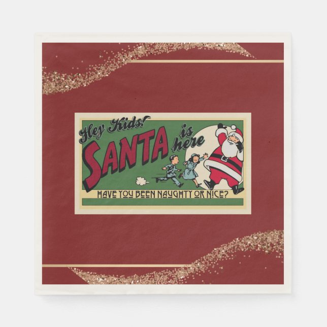 Santa Funny Retro Glitter Red Naughty/Nice Paper Napkins (Front)