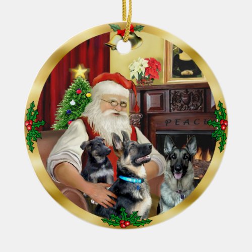 Santa  German Shepherd and Pup Ceramic Ornament