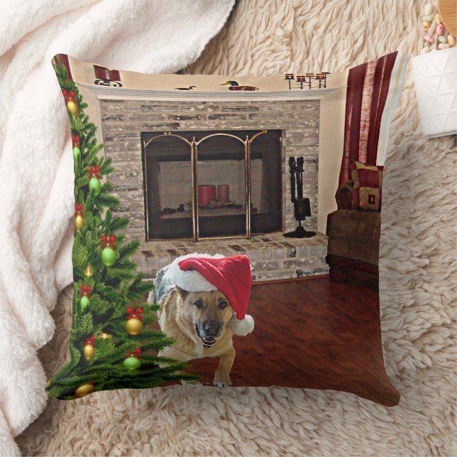 Santa German Shepherd Dog by Christmas Tree Throw Pillow (Blanket)
