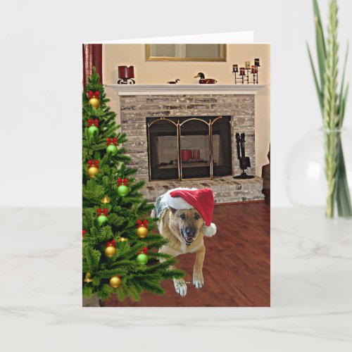 Santa German Shepherd Dog by Christmas Tree ZKA Holiday Card