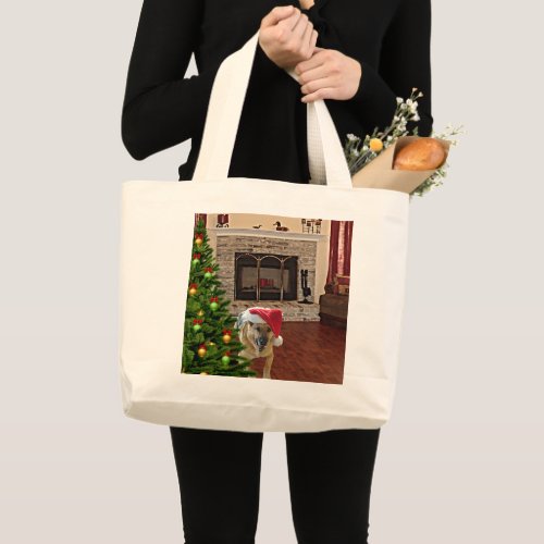 Santa German Shepherd Dog by Christmas Tree ZKA Large Tote Bag