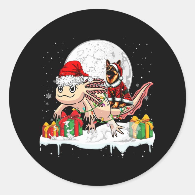 Santa German Shepherd Riding Axolotl Christmas Own Classic Round Sticker (Front)