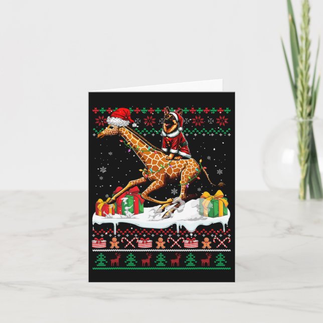 Santa German Shepherd Riding Giraffe Christmas Swe Card (Front)