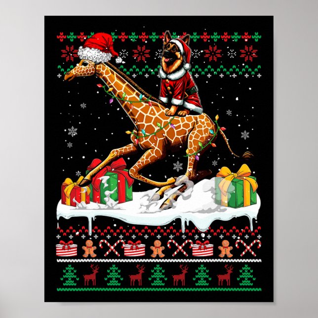 Santa German Shepherd Riding Giraffe Christmas Swe Poster (Front)