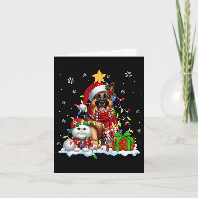 Santa German Shepherd With Elf Cat Christmas Light Card (Front)