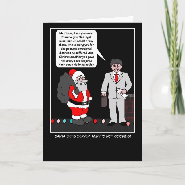 Santa Gets Served (not cookies) Christmas Cartoon Holiday Card (Front)