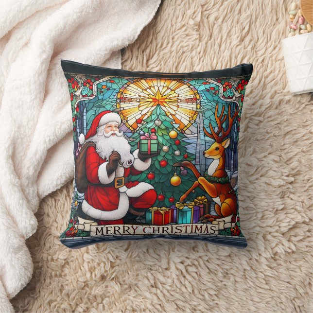 Santa gifts joy to a reindeer by a Christmas tree Throw Pillow (Blanket)