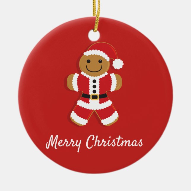 Santa Gingerbread Man Red Christmas Ceramic Ornament (Front)