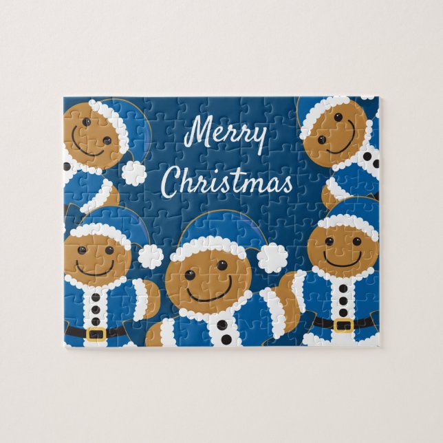 Santa Gingerbread Men Cookie Blue Christmas Jigsaw Puzzle (Horizontal)