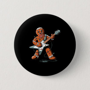 Santa Gingerbread Playing Guitar Funny Christmas P Button