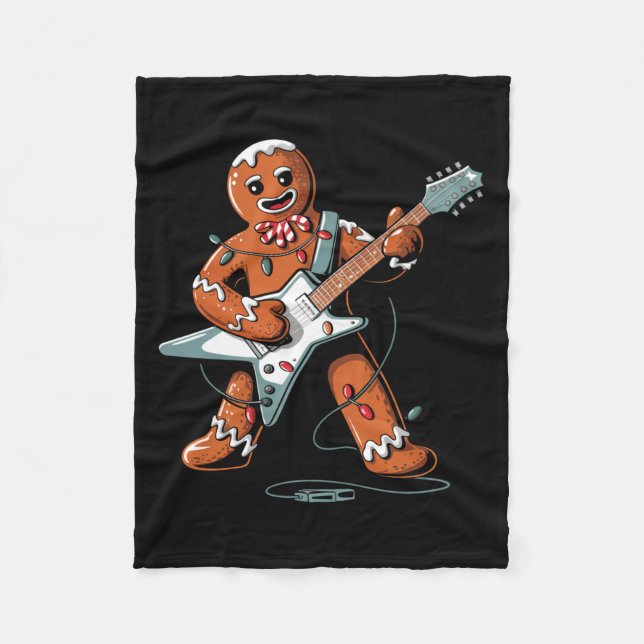 Santa Gingerbread Playing Guitar Funny Christmas P Fleece Blanket (Front)