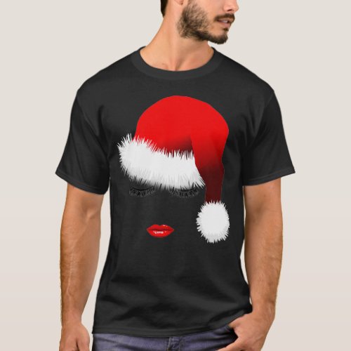 Santa Girl Eyelashes Lips Santa Hat Christmas  T_Shirt