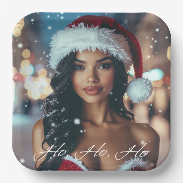 Santa Girl - Ho Ho Ho - Christmas Paper Plates (Front)