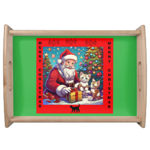 Santa Giving Presents To Two Young Kittens Serving Tray