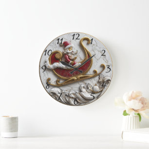 Santa gliding in a festive sleigh large clock
