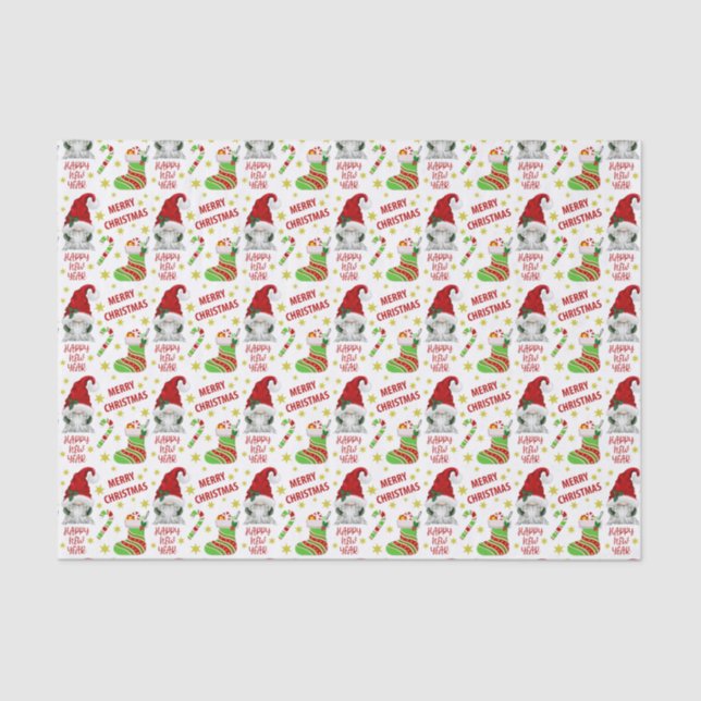 Santa Gnome and Stocking Christmas Pattern Tissue Paper (Front)