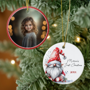 Santa Gnome Baby's First Christmas Photo Ceramic Ornament