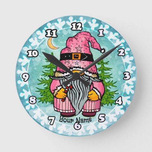 Santa Gnome custom name  Round Clock