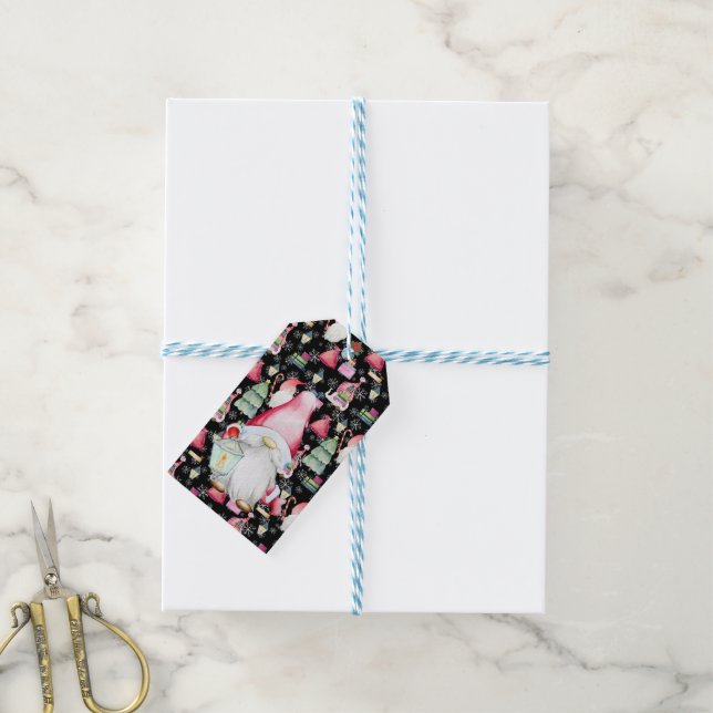 Santa Gnome for Holidays Pattern Black Christmas Gift Tags (With Twine)