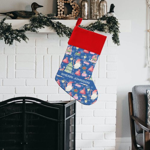 Santa Gnome for Holidays Pattern Blue Your Name Christmas Stocking