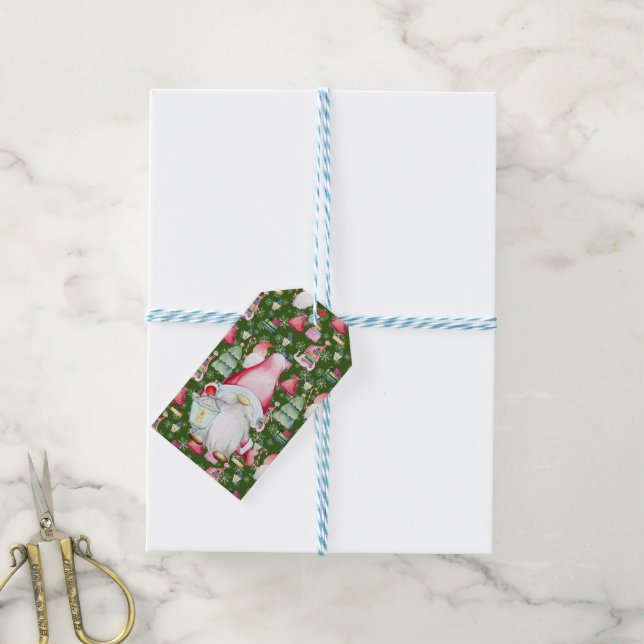 Santa Gnome for Holidays Pattern Green Christmas Gift Tags (With Twine)