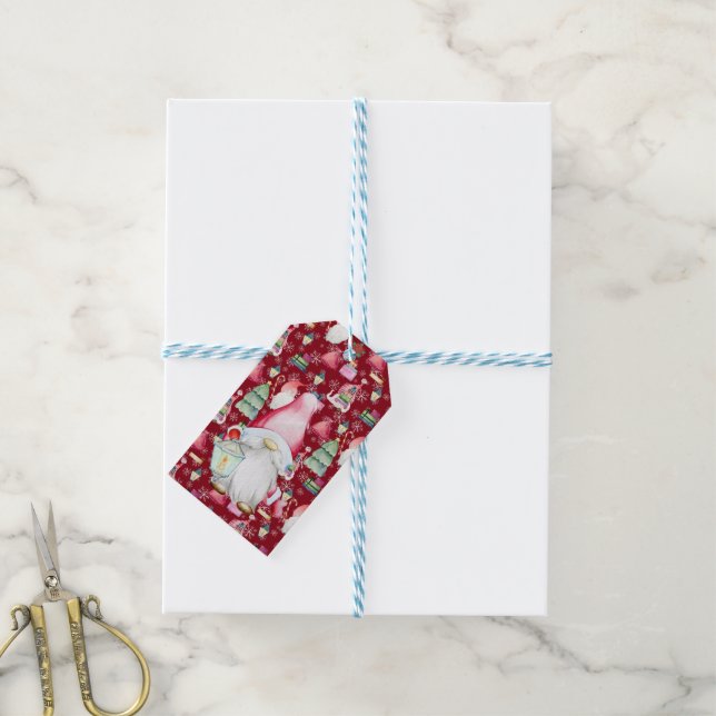 Santa Gnome for Holidays Pattern Red Christmas Gift Tags (With Twine)
