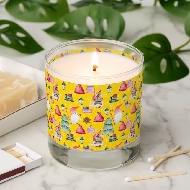Santa Gnome for Holidays Pattern Yellow Background Scented Candle (Lit)