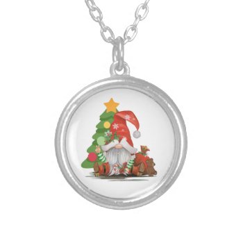 Santa Gnome- Funny Christmas Gnome Design  Magnet  Silver Plated Necklace by LovingFunDesign at Zazzle