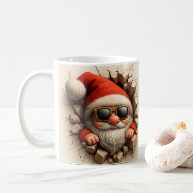 Santa Gnome in Mug - Funny Christmas Cracked wall (With Donut)