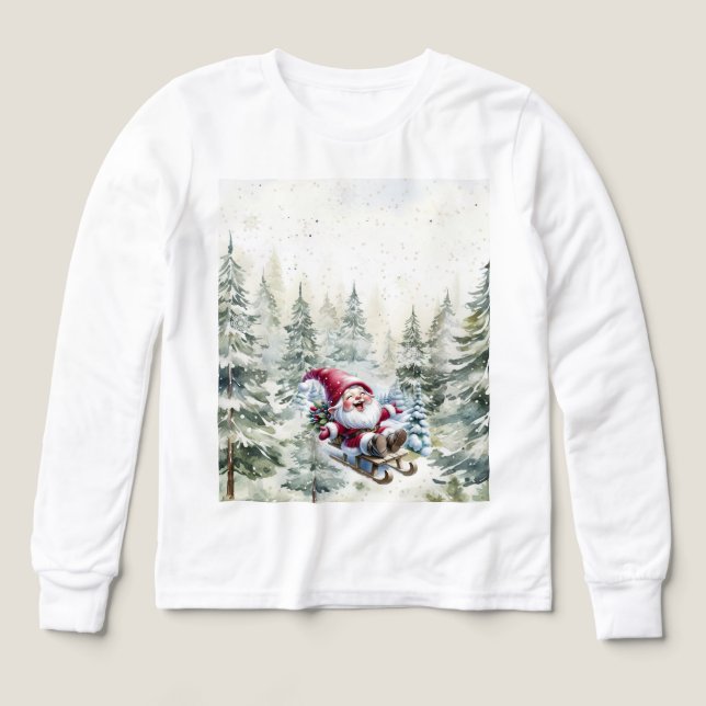 Santa Gnome Sledding Through The Woods LS T-Shirt Tri-Blend Shirts (Design Front)