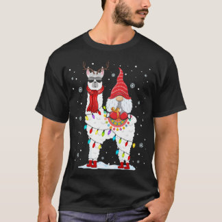 Santa Gnomes Riding Llama Reindeer Christmas Light T-Shirt