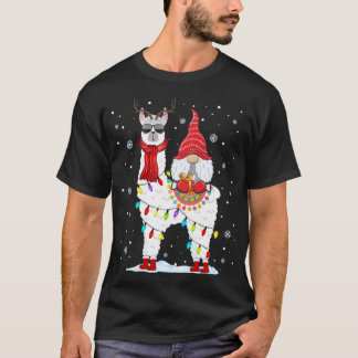 Santa Gnomes Riding Llama Reindeer Christmas Light T-Shirt