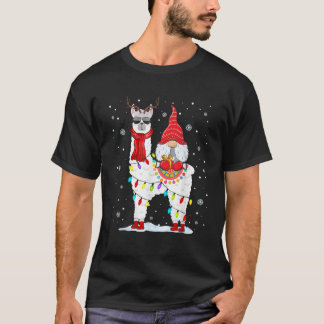 Santa Gnomes Riding Llama Reindeer Christmas Light T-Shirt
