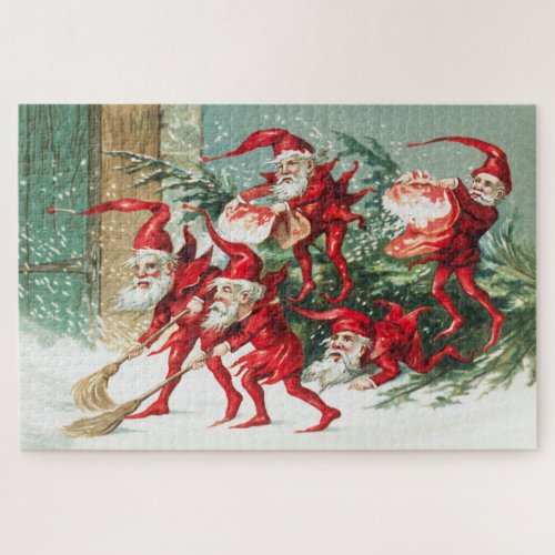 Santa gnomes sweeping snow jigsaw puzzle
