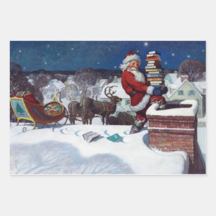 Santa Going Down Chimney with Books Wrapping Paper Sheets