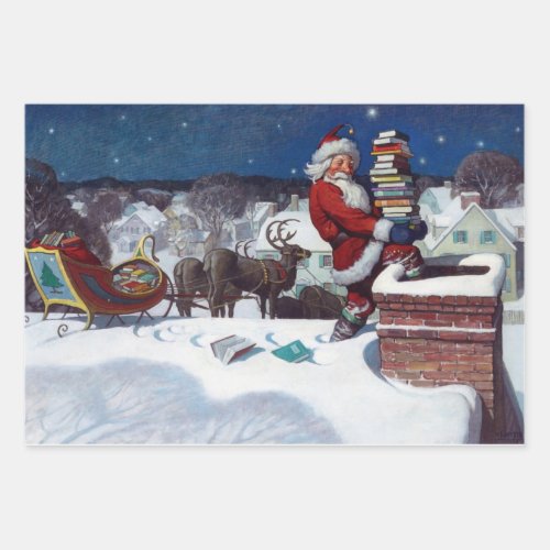 Santa Going Down Chimney with Books Wrapping Paper Sheets