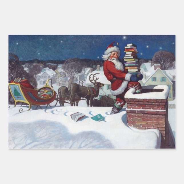 Santa Going Down Chimney with Books Wrapping Paper Sheets (Front 2)