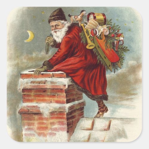 Santa going down the chimney square sticker