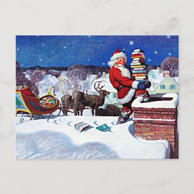 Santa going down the chimney to deliver books holiday postcard (Front)