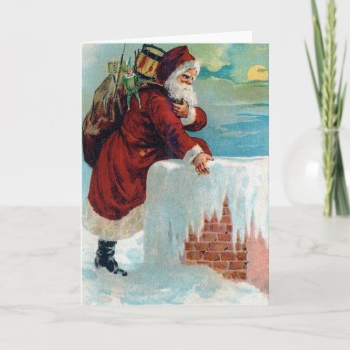 Santa Going Down the Chimney Vintage Christmas Holiday Card