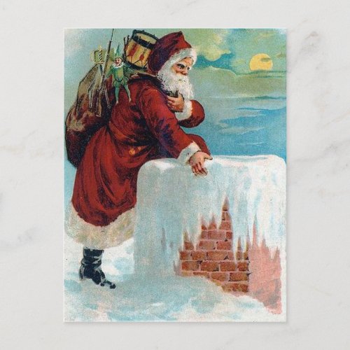 Santa Going Down the Chimney Vintage Christmas Holiday Postcard