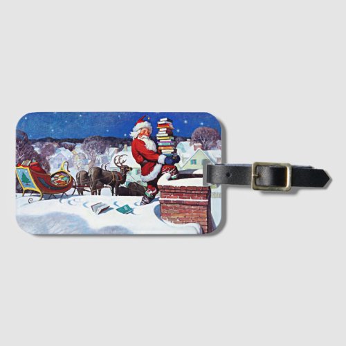 Santa going down the chimney with armload of boks luggage tag