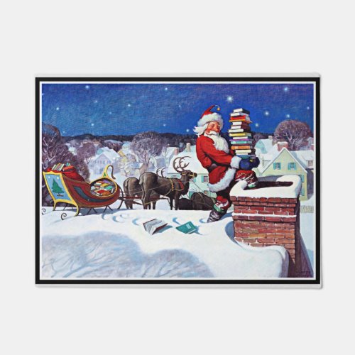 Santa going down the chimney with armload of books doormat