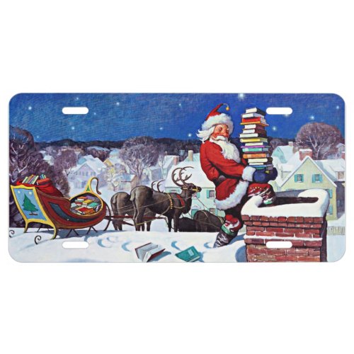 Santa going down the chimney with armload of books license plate