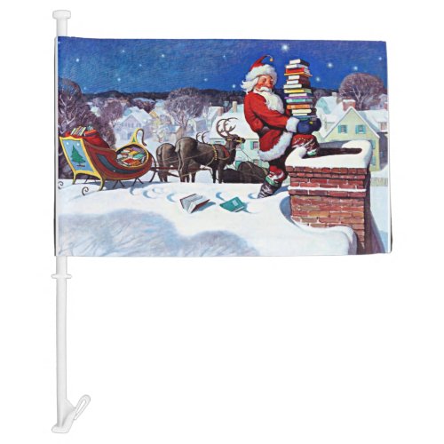 Santa going down the chimney with books car flag