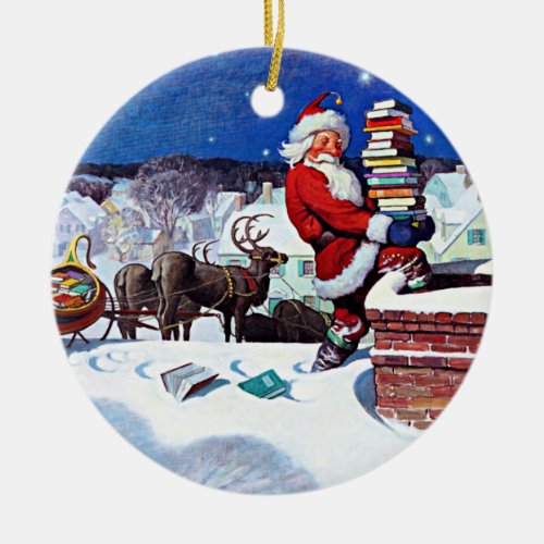 Santa going down the chimney with books ceramic ornament