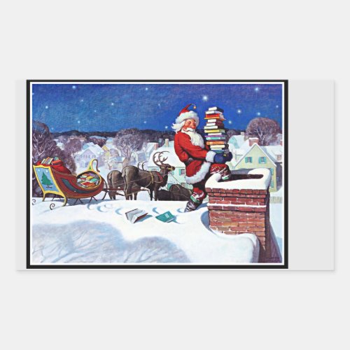 Santa going down the chimney with books rectangular sticker