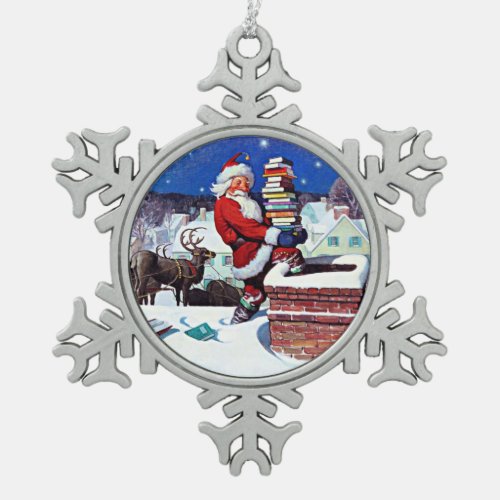 Santa going down the chimney with books snowflake pewter christmas ornament