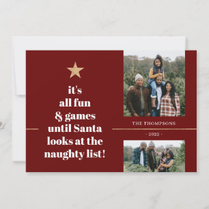 Santa Gold Star Tree Funny Quote Red Family Photo Holiday Card
